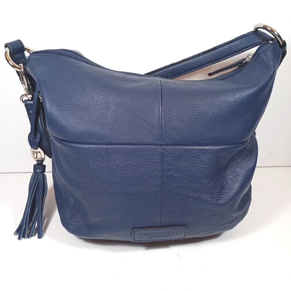 Tignanello Hobo Bag Medium Navy Blue Good Pebbled Leather Tassel Shoulder Purse